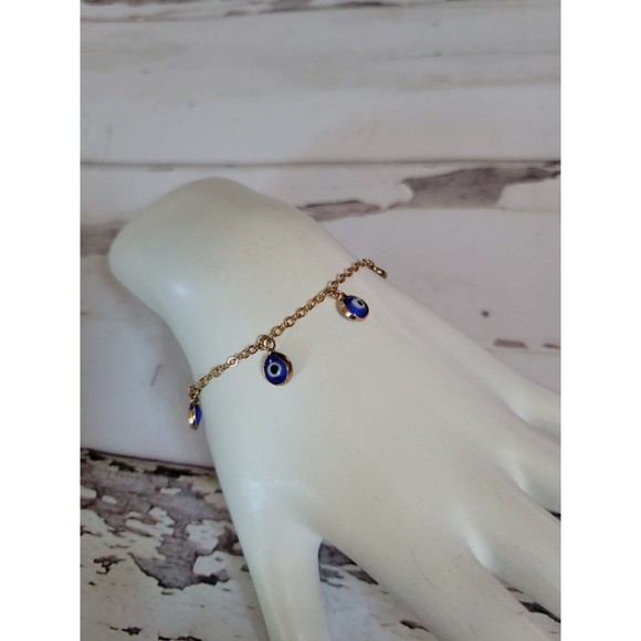Blue Evil Eye Yellow Gold Tone Double Sided Glass Dangle Charm Dainty Bracelet - Picture 3 of 4